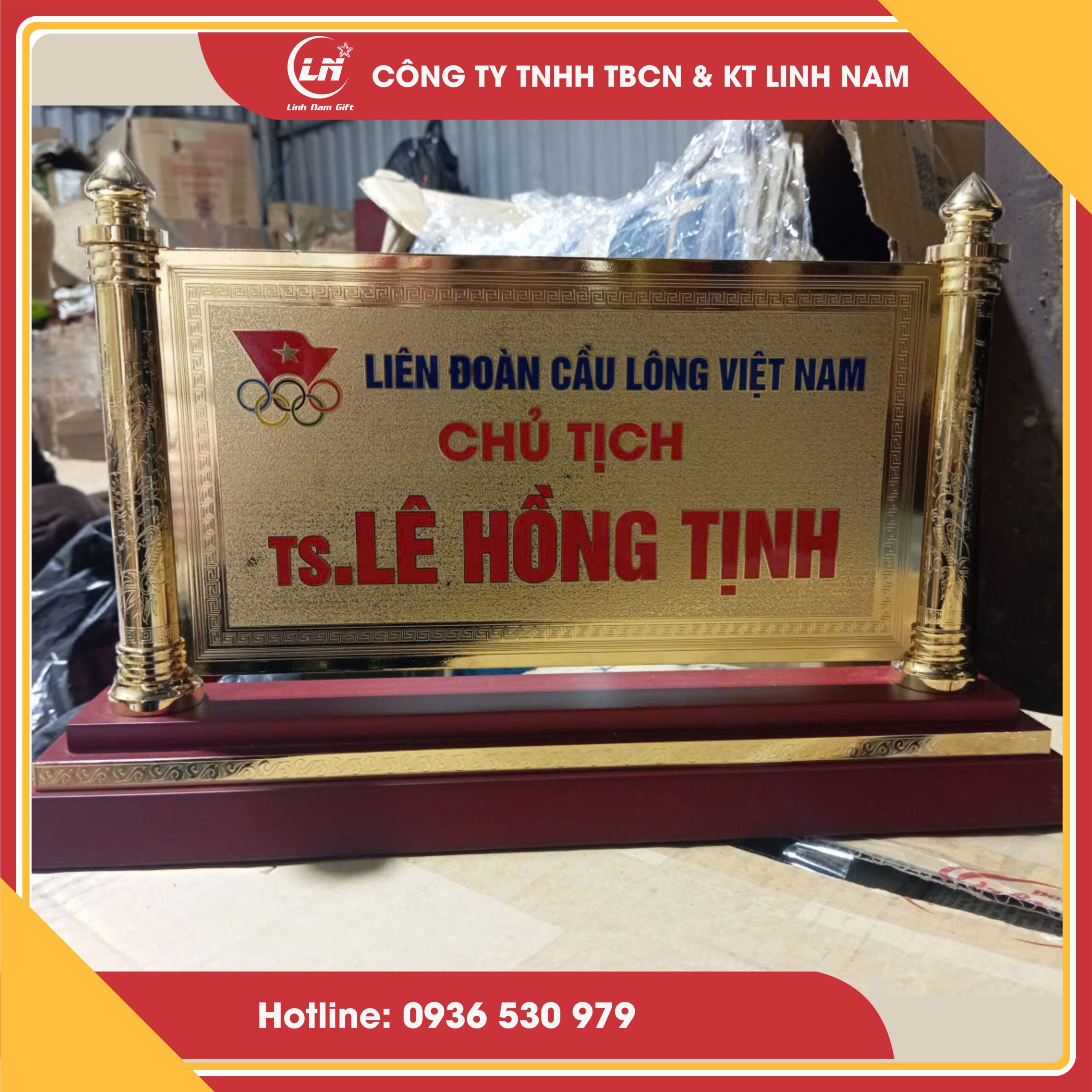 BIỂN CHỨC DANH ĐỒNG 2 MẶT MẠ VÀNG 24K, KHẮC 2 CỘT